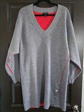 Rag & Bone Grey V-Neck Tunic Sweater with Red Trim Size M